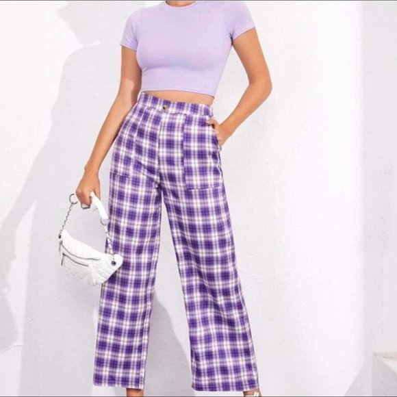 Purple Tartan Cropped High Waist Wide Leg Pants Trousers, 2 - Picture 2 of 8